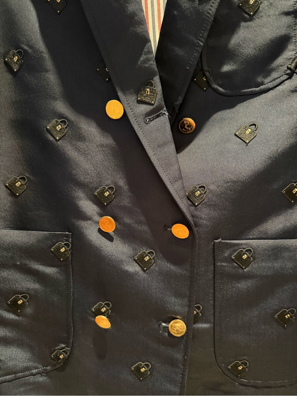 THOM BROWNE Navy Embroidered Double-Breasted Blazer with Gold Buttons - Picture 4 of 10